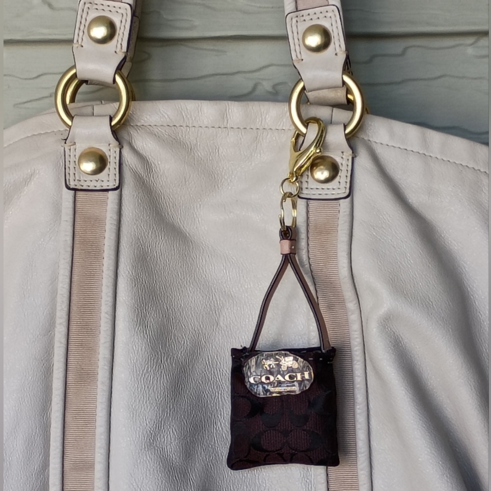 Handcrafted Coach Signature Bag Charm Brown Mini Pouch wth Gold Accent Keychain